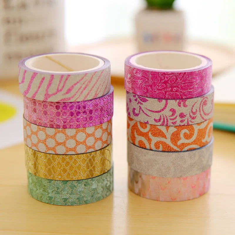 10 pcs/Lot Candy color Glitter masking tapes Shining stickers 15mm*3m decorative for scrapbooking Stationery FJ141 | Канцтовары для