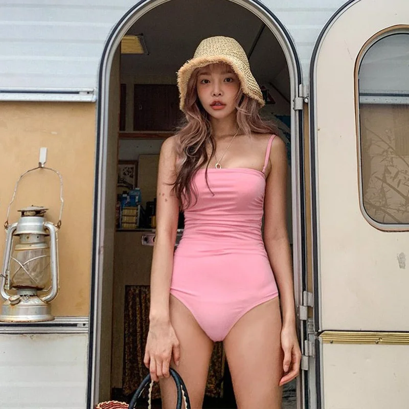 

2021 Trendy One-Piece Swimsuit Women's Pink Swimming Wear Padded Bathing Suits Beachwear Solid Swim Wear Monokini
