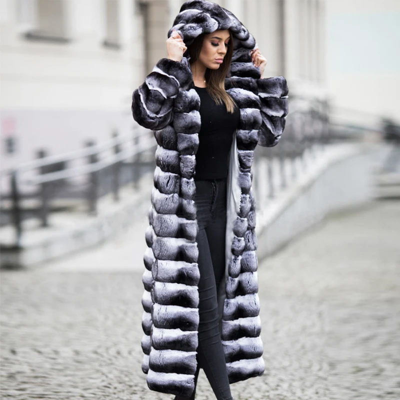 130cm Long Genuine Chinchilla Rex Rabbit Fur Coat With Big Hood For Women Full Pelt Natural Rex Rabbit Jacket Winter Woman Coats