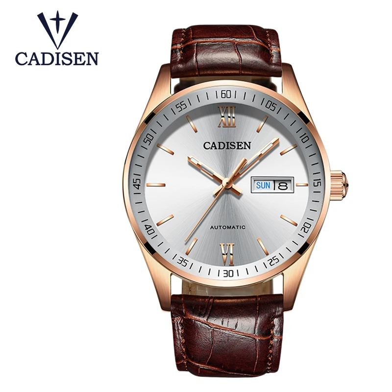 Rose Gold CADISEN Автоматические Мужские механические настольные художественные мужские наручные часы из розового золота с Т-образным ремешком, водонепроницаемые часы с датой и календарем, двойной дисплей - Цвет: Rose Gold