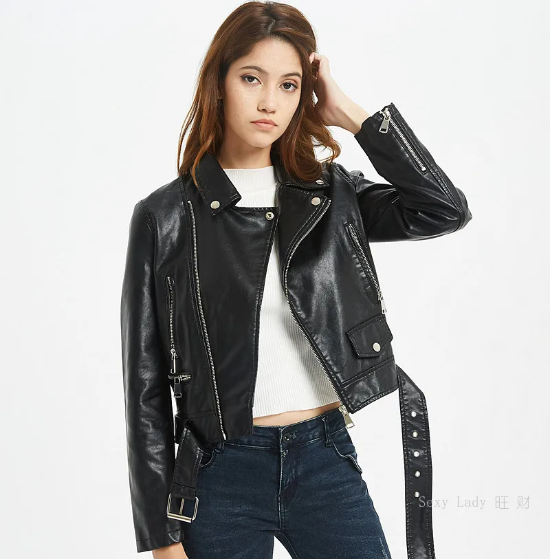 

New Autumn Women Pu Leather Jacket Woman Zipper Belt Short Coat Female Black Punk Bomber Faux Leather Outwear