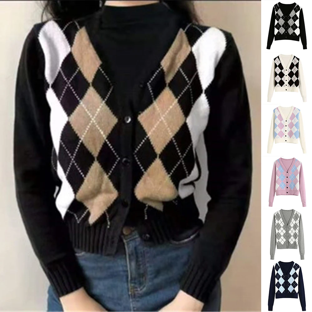 

Women Cardigan Vintage Trendy Geometric Pattern Short Knitted Sweater Fashion Long Sleeve England Style Outerwear