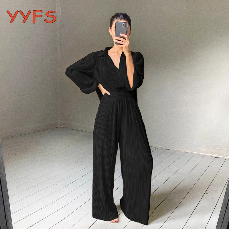 

Beige Pleated Wide Leg Pants Women'S Pants Fashion 2021 Casual Loose Trousers Office Lady Elegant Long Elastic Waist Pants
