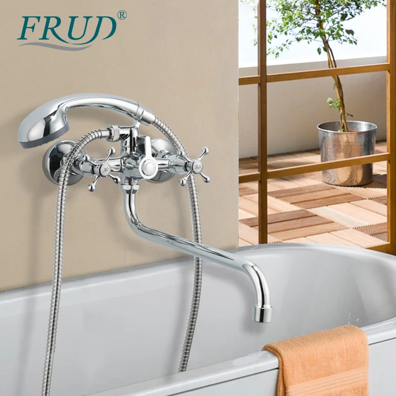 

Frud Bathroom Faucet Showers Wall Mounted Shower Faucets Double Handles Bathtub Mixer With Outlet Pipe Stainless Steel Water Tap