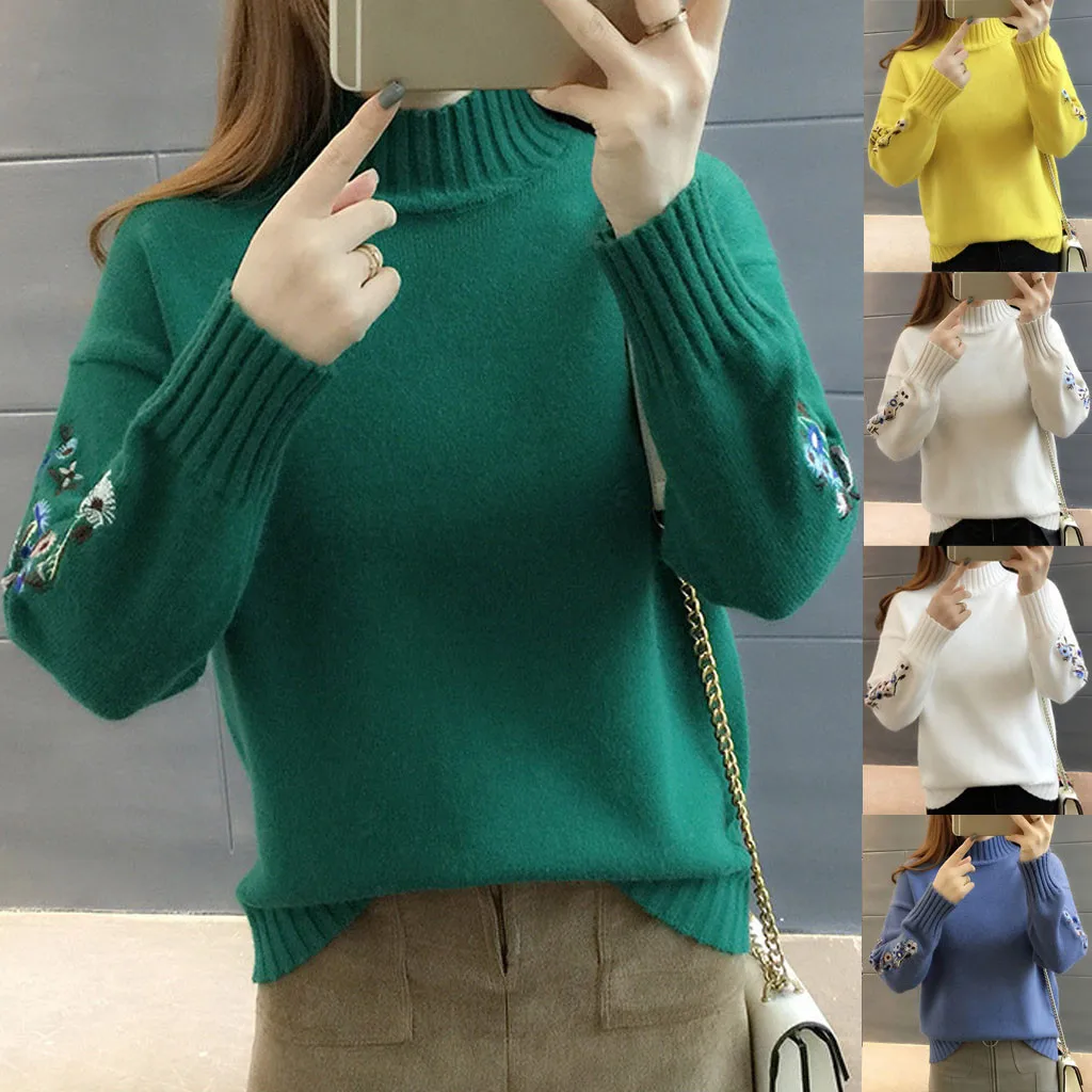 New Loose Thick Warm Winter Pullover Sweater Women Embroidery Jumper Half Turtleneck Long Sleeve Knit Yellow Sweater Female