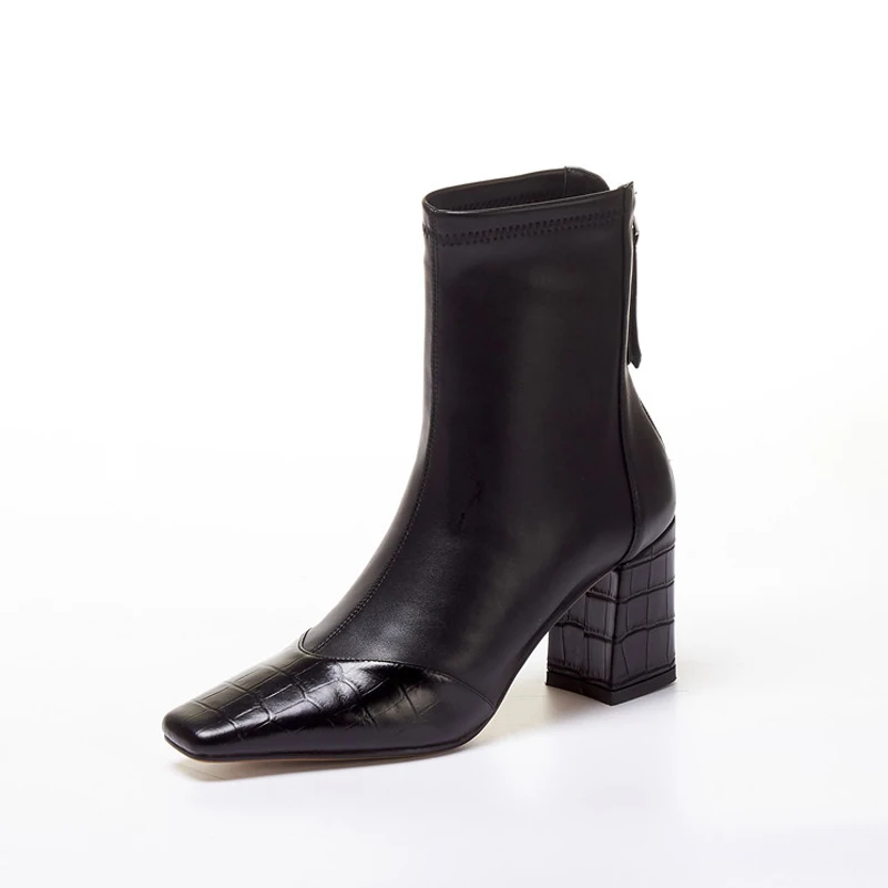 

FOREADA Square Toe Ankle Boots Real Leather High Heel Woman Boots Chunky Heel Short Boots Zipper Ladies Shoes Autumn Beige Black
