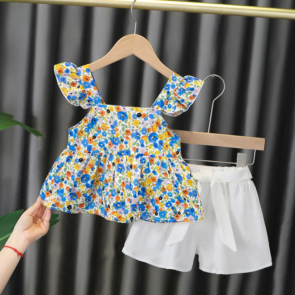 2 шт./компл. летняя футболка с рукавами-фонариками и короткие белые брюки для