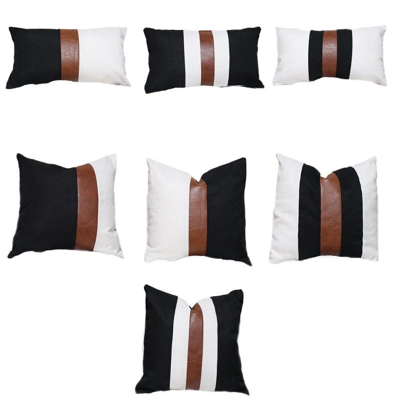 

Patchwork Pillow Cover with Striped Leather Cushion Case Modern Luxury Decorative Throw Pillow Covers for Couch Sofa Home N1HF
