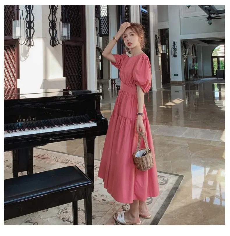 

Back Bandage Dress Woman Summer French High Waist Round Neck Short Puff Sleeve Dresses Female Young Mori Girl Style Clothes 2020