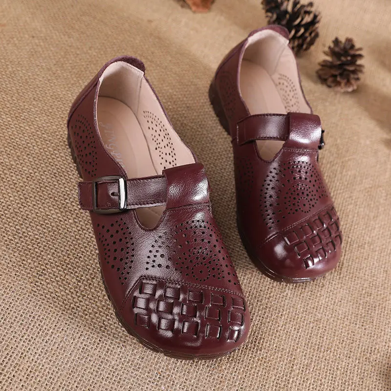 Flat Heels T Strap Mary Jane Shoes Women's Genuine Leather Ballet Flats Ladies Buckle Hollow Out Loafers Woman Woven Moccassins