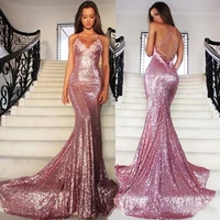 pink sequined sparkly mermaid prom dresses with sexy spaghetti straps court train open back glitz evening gowns robes de soir%c3%a9e