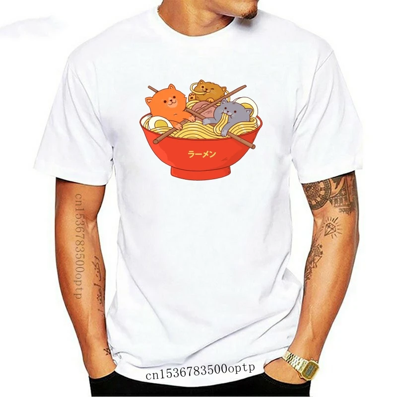 

New Funny Ramen T-Shirt Noodles And Cats Shirt Novelty Design Cotton T Shirts Men's Short Sleeved Round Neck Humor Graphic Tee
