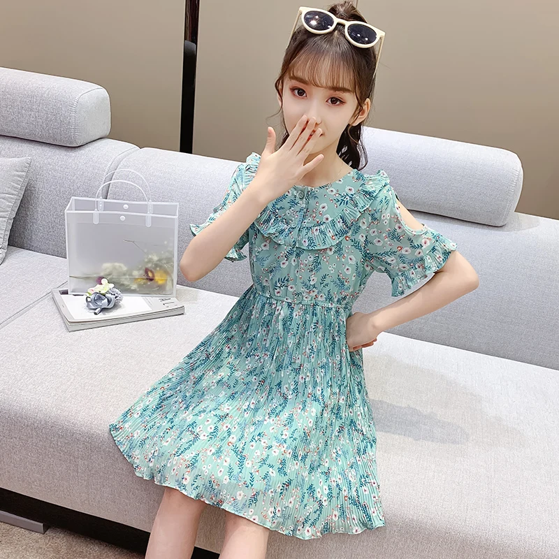 

Tz Boutique 2021 Summer New Leaky Shoulder Pleated Princess Dress Girls Pure Cotton Floral Pleated Dress 4 To 12 Years Old