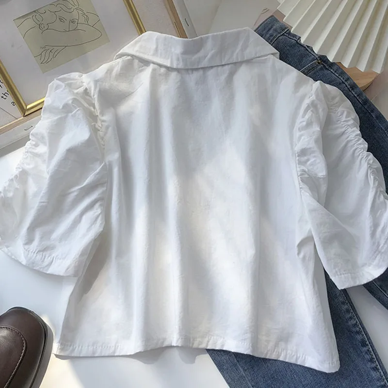 

KUSAHIKI High Waist Elegant Short Blouse Tops Causal Notched Collar Puff Short Sleeve Blusas Femme 2021 New Sweet Shirt 6G267