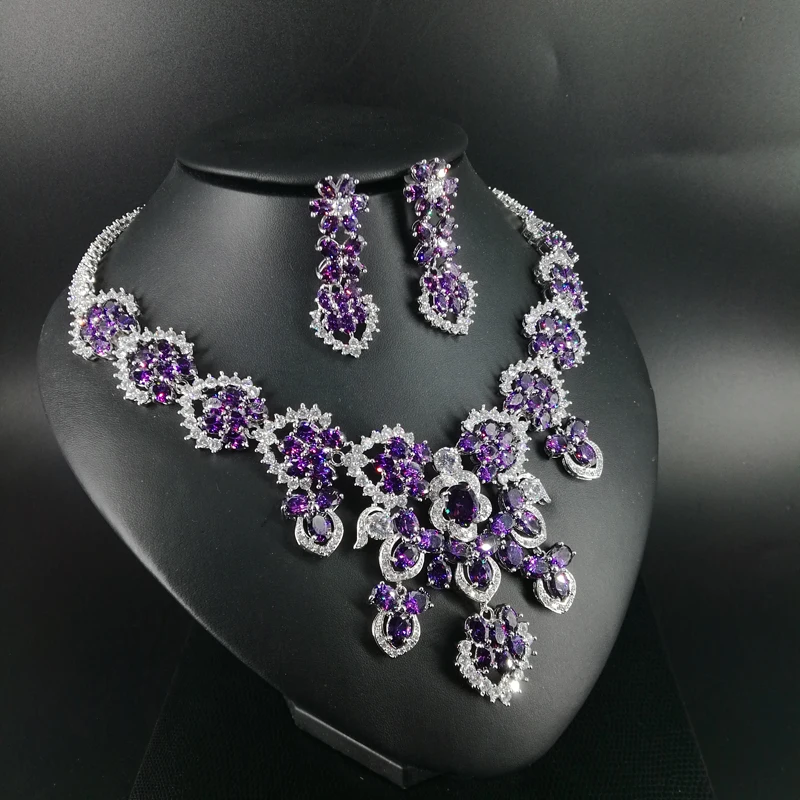 2019 Новая мода романтические фиолетовые цветы циркон ожерелье серьги набор