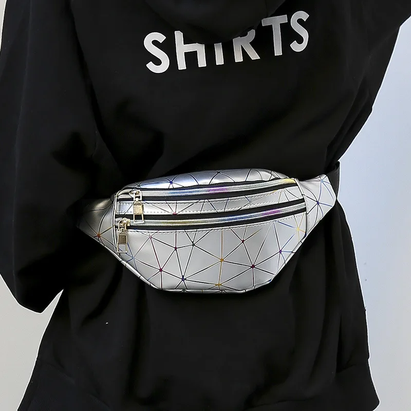 Women's belt bag Pink Silver Fanny Pack Female Belt Bag Black Geometric Waist Packs Laser Chest Phone Pouch