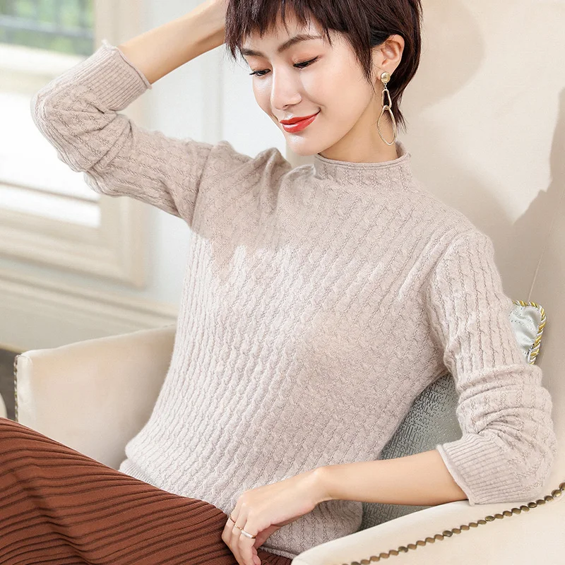 Женский теплый кашемировый свитер облегающий толстый с высоким воротом и