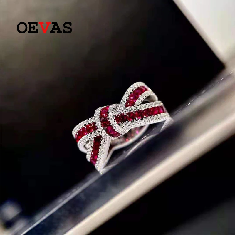 OEVAS 100% 925 Sterling Silver Ruby Gemstone Diamond Bowknot Rings For Women Sparkling Wedding Party Fine Jewelry Wholesale Gift