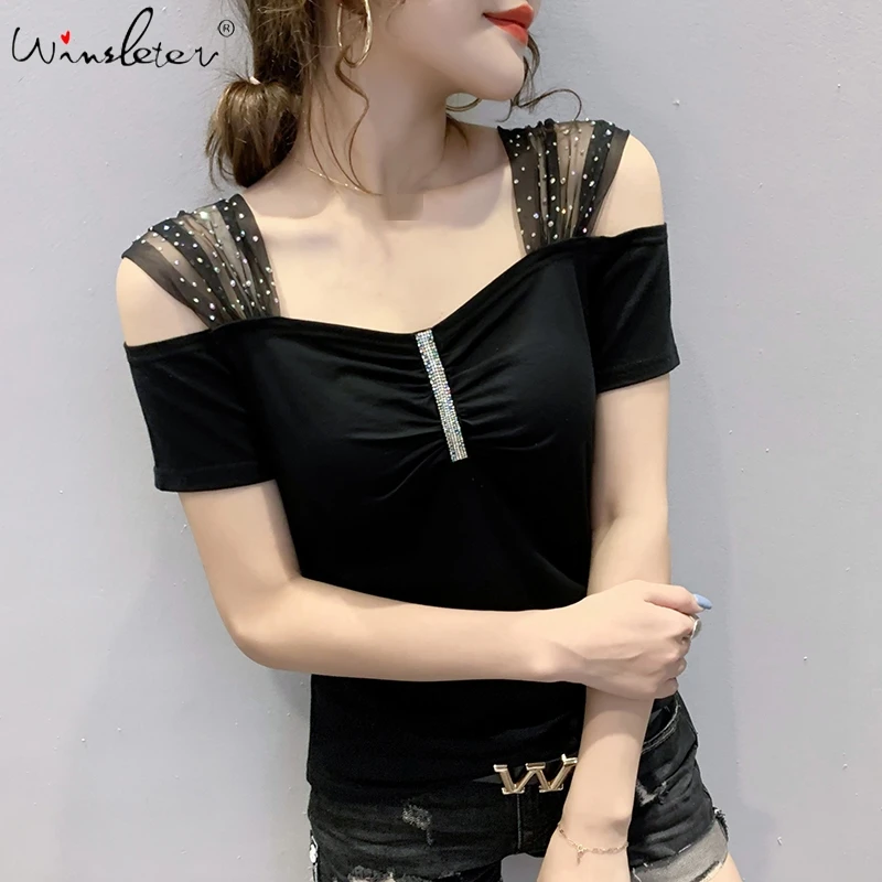 

Summer Korean Clothes T-shirt Chic Drape Sexy Off Shouder Diamonds Women Tops Short Sleeve All Match Woman Tees New 2021 T06301