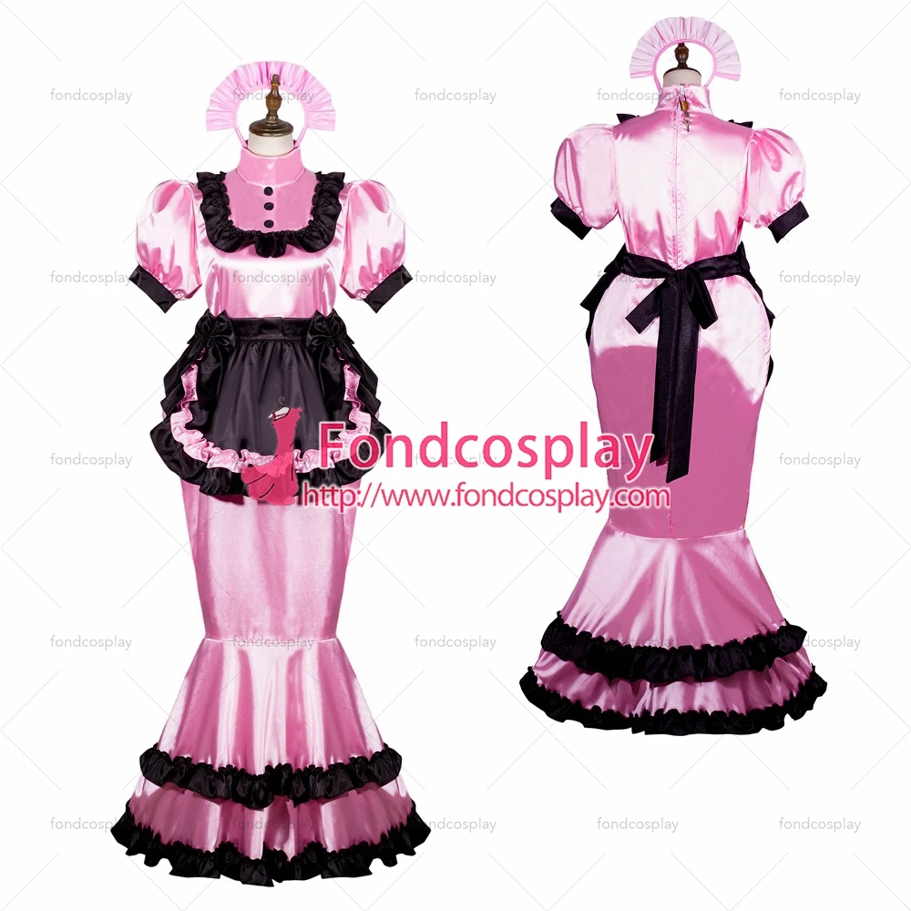 

fondcosplay adult sexy cross dressing sissy maid long pink satin dress lockable Uniform black apron Fish tail Tailor-made[G3761]