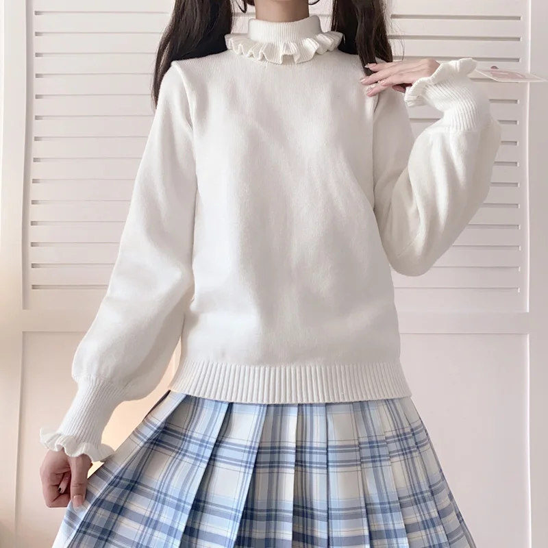 

Autumn Winter Turtle Neck Long Sleeve Sweater Tops For Women Soft Girl White Basic Ruffle Baby Doll Lolita Knitwear Pullovers