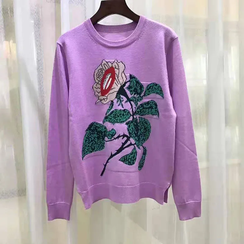 

Runway Designer 2019 Autumn Winter Sweater women Pullover Casual Knitted O-neck Floral Jacquard Female pull femme Sweater