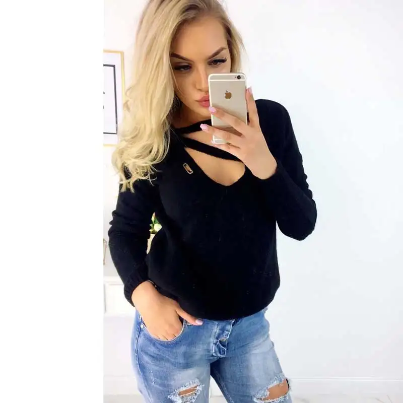 Женский вязаный свитер с v-образным вырезом длинным рукавом пуловер зима 2019 |