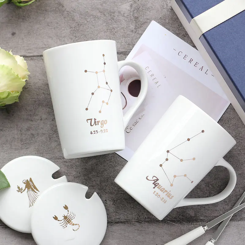 12 Constellations Creative Ceramic Mugs with Spoon Lid Black and Gold Porcelain Zodiac Milk Coffee Cup 420ML Water Drinkware
