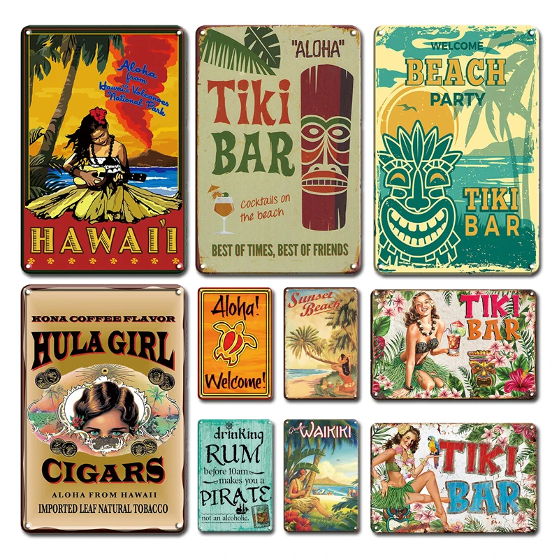 Aloha Tiki Bar Art Poster Tin Sign Vintage Beach Bar Pub Decor Accessories Retro Man Cave Sweet Home Decoration Metal Plate Sign