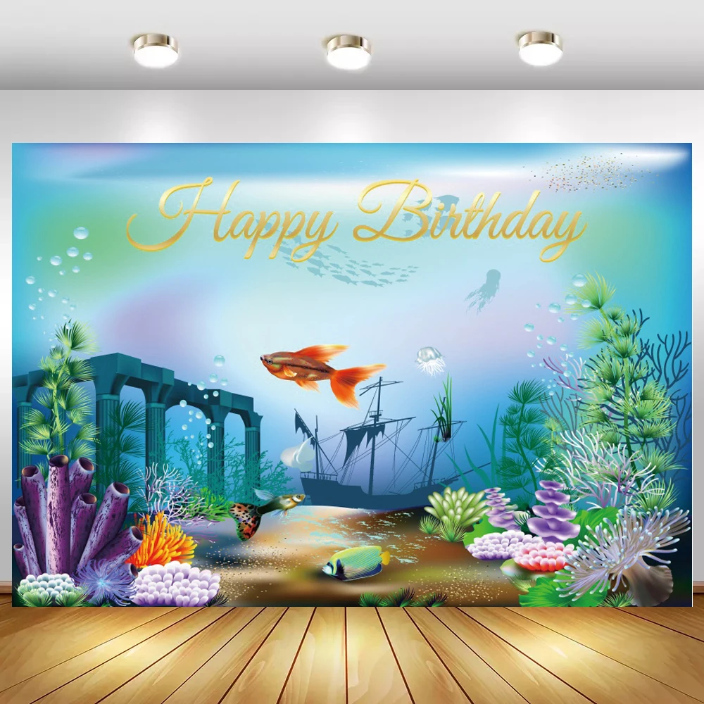 

Under Sea World Happy Birthday Backdrops Photography Kids Bed Room Decor Poster Vinyl Photo Backgrounds For Newborn Baby Shower