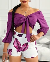 long sleeve off shoulder shirt shorts sets fashion printing shirts for women fashion sets summer purple shorts set top clothes