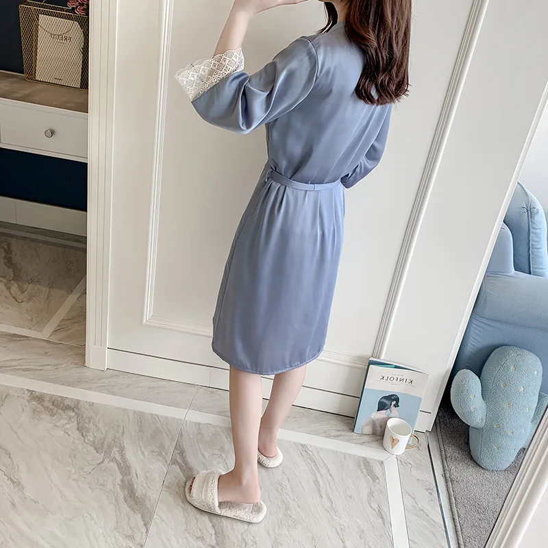 Sexy Nightdress Women Summer Silk Cardigan Robe Fresh Lovely Spring Autumn Home Bathrobe Thin Size Female Nightgown Sleepwear