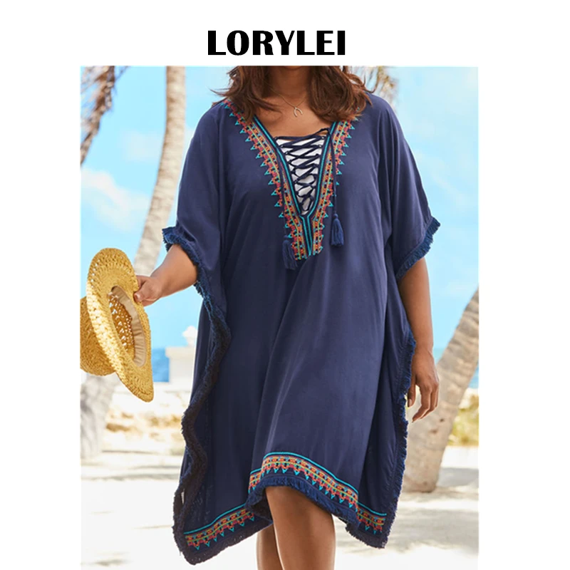 2020 сексуальное бикини накидка синее богемное вышитое летнее пляжное платье с