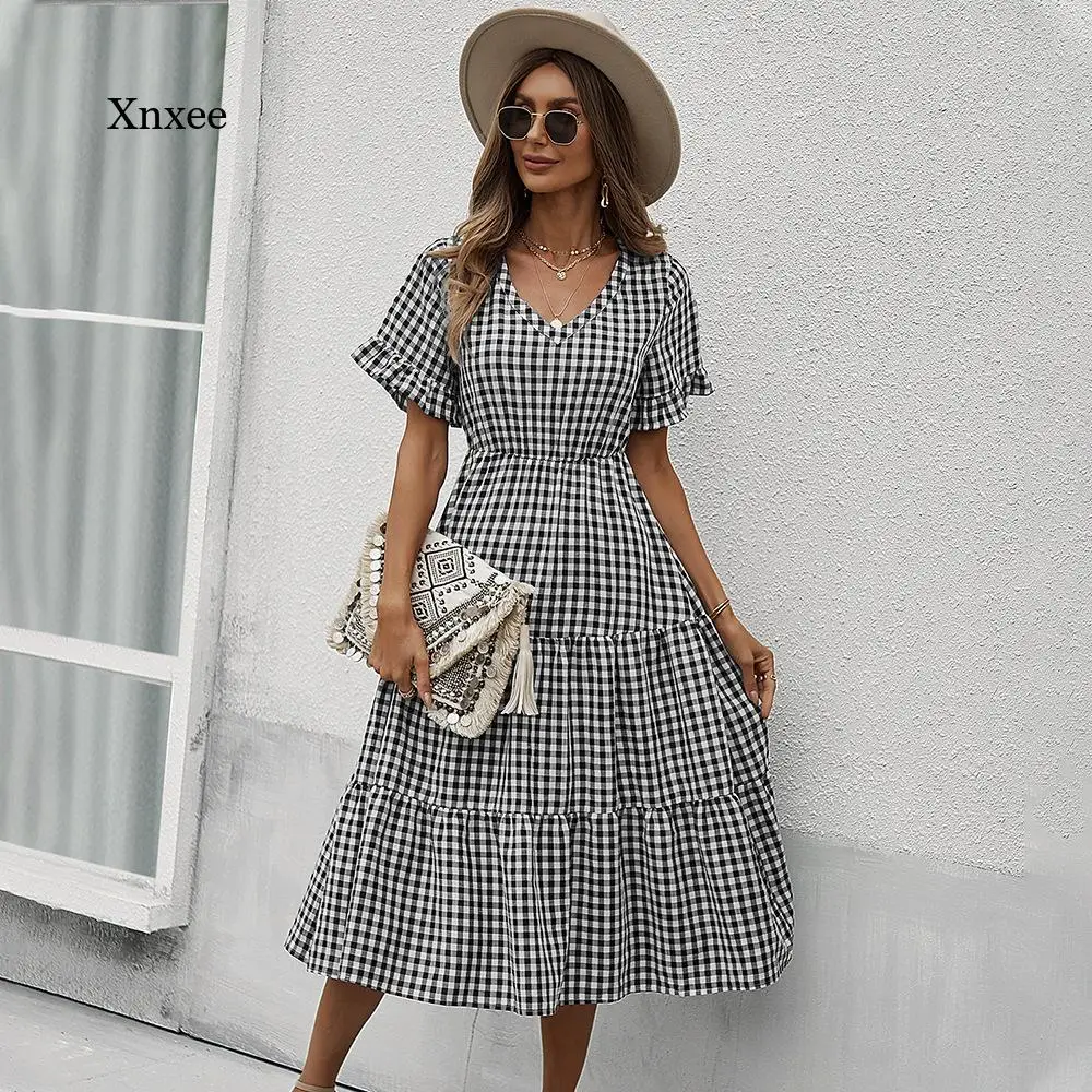 

Beach V Neck Midi Dress Chic Sweet Fresh Short Sleeve Plaid Dress Women Long Loose High Waist Robe Casual Vestido Mujer Clothing