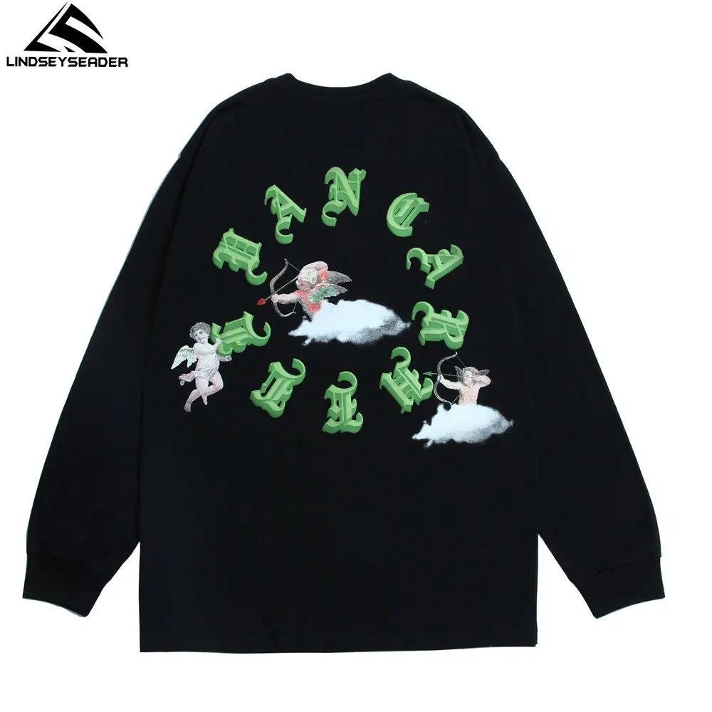 

T-shirt Men Women 3D Letters Cupid Printed Hip Hop Oversized Streetwear Harajuku Long Sleeve T Shirt Cotton Casual Clothing