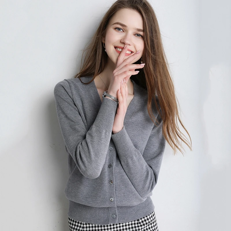 Женский кашемировый свитер вязаный кардиган с длинным рукавом и V образным