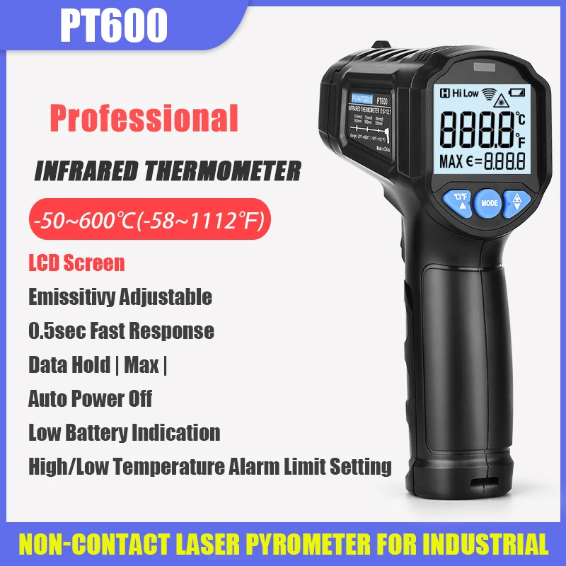 

Non-contact Pyrometer Termometer Digital Infrared Thermometer PT600 Professional Industrial Laser Temperature Meter -50℃~600℃