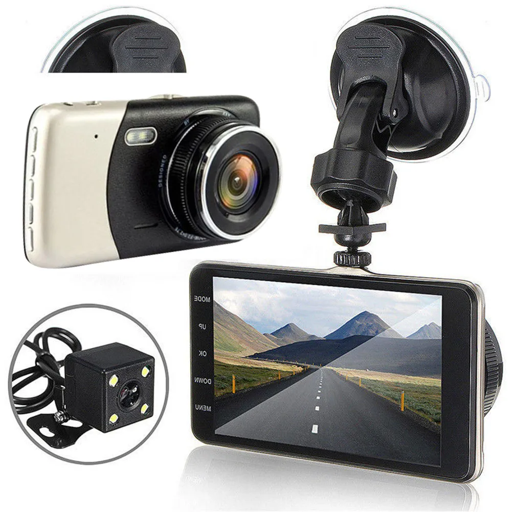 4 дюйма ЖК-дисплей Экран 170 градусов Dash Cam Двойной объектив HD 1080P Камера