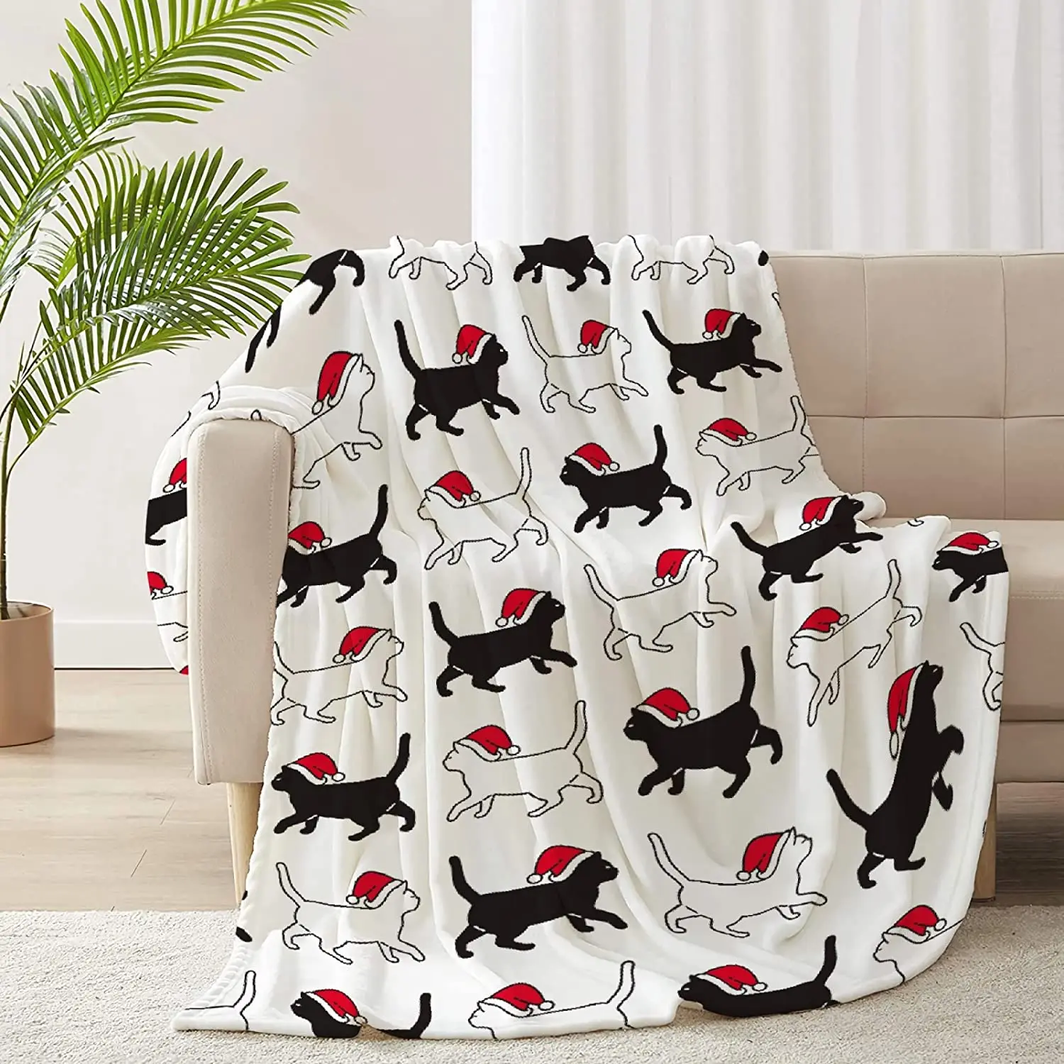

Manta de franela suave y ligera para hombre y mujer, manta blanca y negra с дизайном gato de Navidad, для cama, sofa, silla