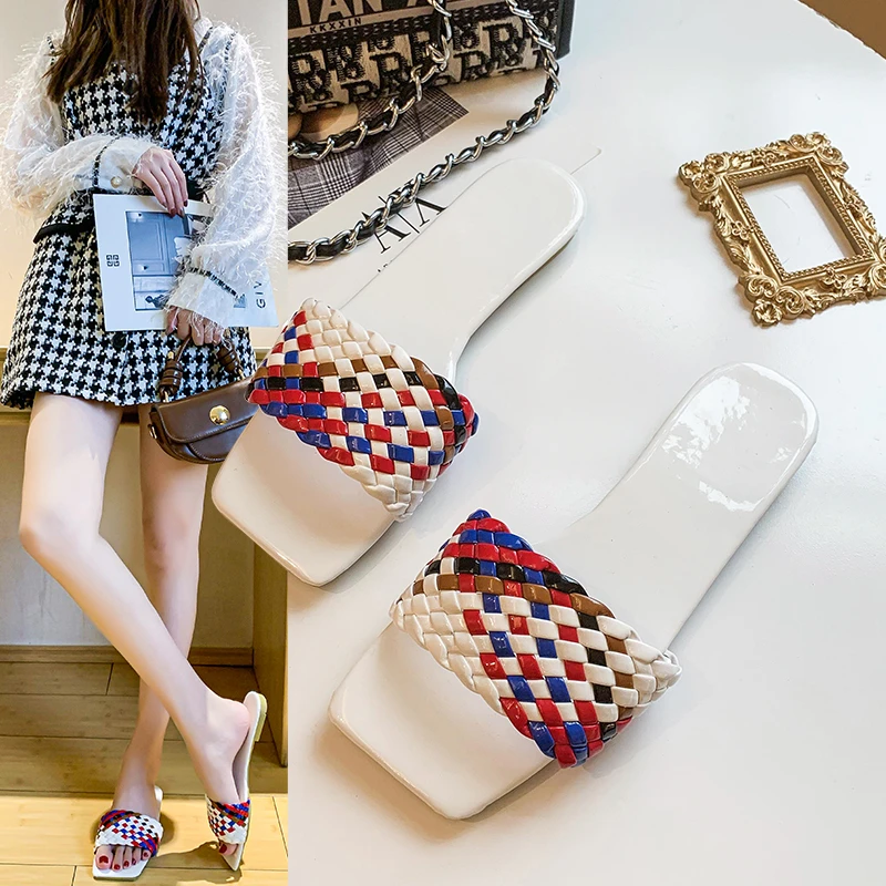 

Женские плетеные шлепанцы, летние тапки на плоской подошве, корейский стиль, одна линия, 2021