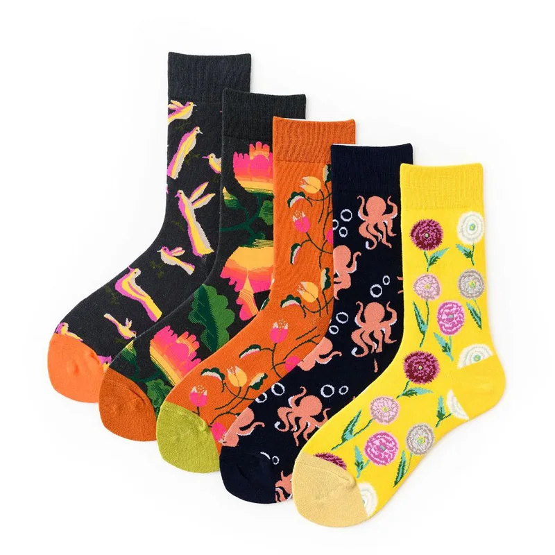 Осень зима Мужские Забавный узор носков стандартной длины женские Цветочный