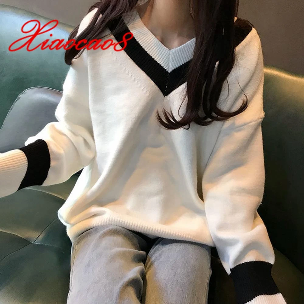 

Осенне-зимние свободные вязаные модные однотонные женские свитера с V-образным вырезом пуловеры с длинным рукавом кардиган одежда