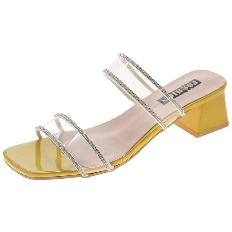 

Women's Slippers 2021 New Summer Thick Heel Sandals Female Diamond PVC Transparent Shoes Roman Flip Flop Zapatos De Mujer Slides