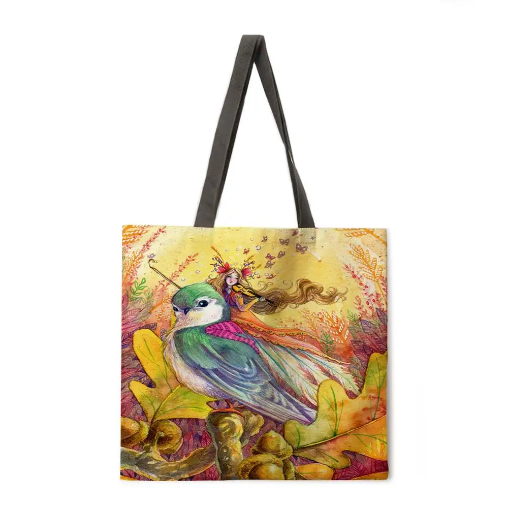 

Beautiful Flower Fairy Printed Tote Bag Reusable Beach Bag Linen Casual Women's Shoulder Bag Foldable Shopping Bag