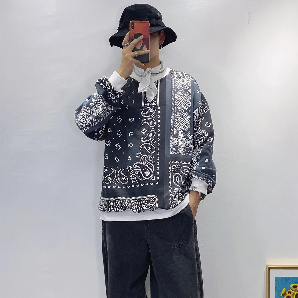 

Dark Icon Bandana Sweatshirt Round Neck Hipster Men's Sweatshirts Blue Grey Paisley Sweatshirt Cotton
