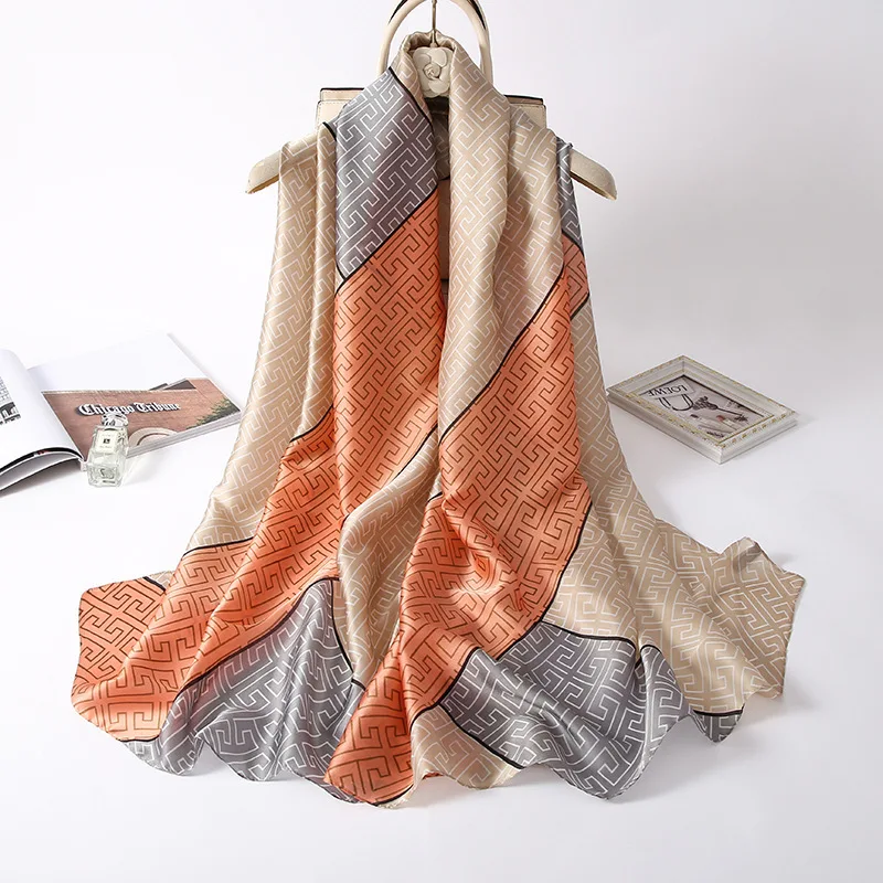 

Female Summer Sunscreen Satin Silk Scarf Fashion Brand 180X90CM Neckerchief Beach towel Korean Style Print Travel Bandana Shawl