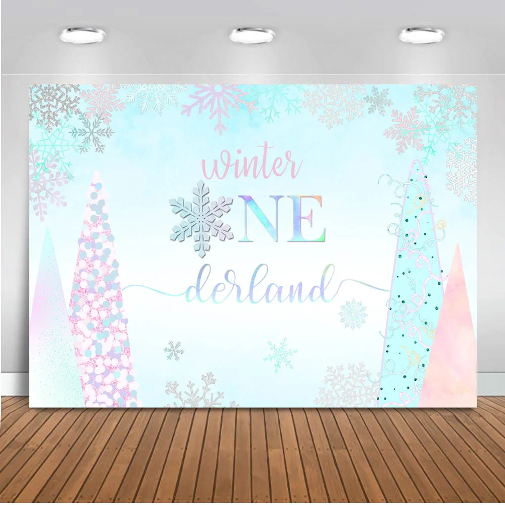 Winter Onederland Backdrop for Photography One Birthday Party Photo Background Snowflake Blue Pink Watercolor Backdrop photocall
