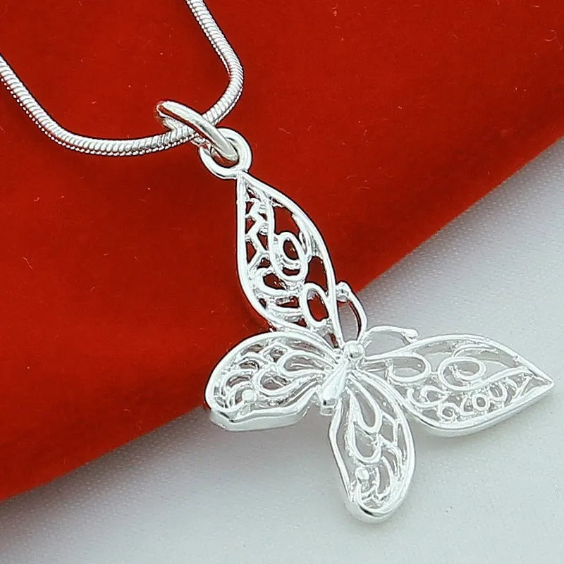 

New Trendy 925 Sterling Silver Insect Butterfly Necklaces Pendants for Women Silver Snake Chain Necklace 45cm