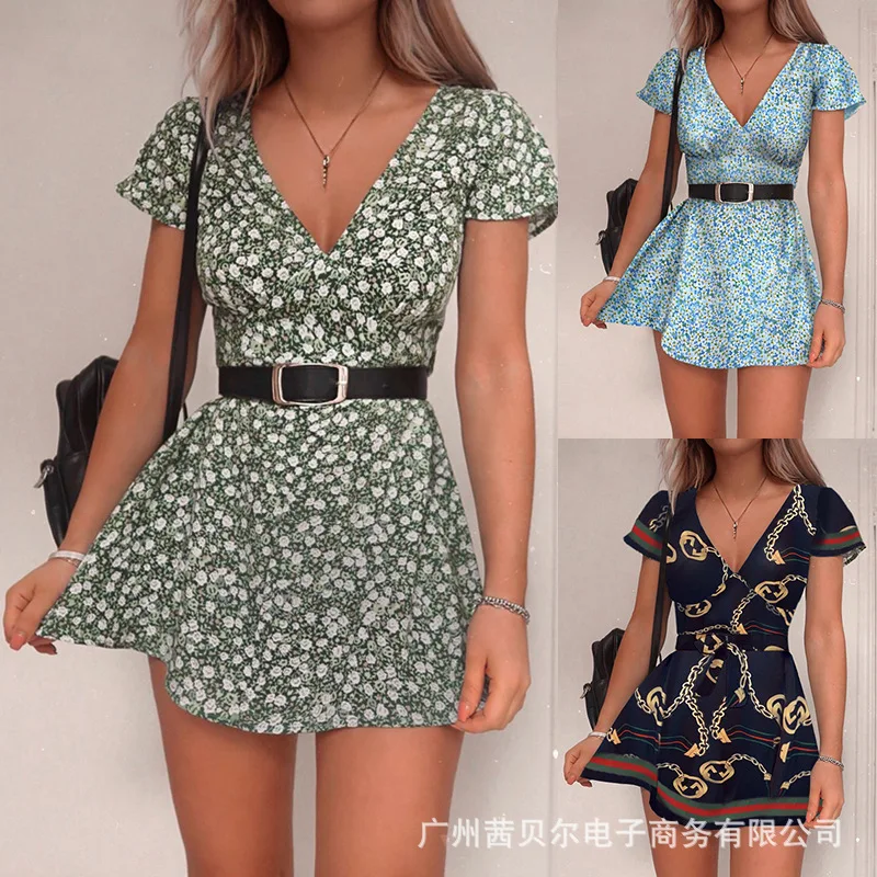 

WEPBEL Dress Summer Fashion Short Sleeve V-neck High Waist Dress Without Belt Women's Casual Floral Print Slim Dress