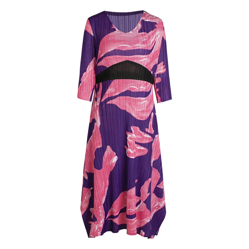 

Plus Size Dress Stretch Miyake Pleated For Women 45-75kg 2021 Round neck Three Quarter Sleeve Printed Dresses Mid-Calf Length